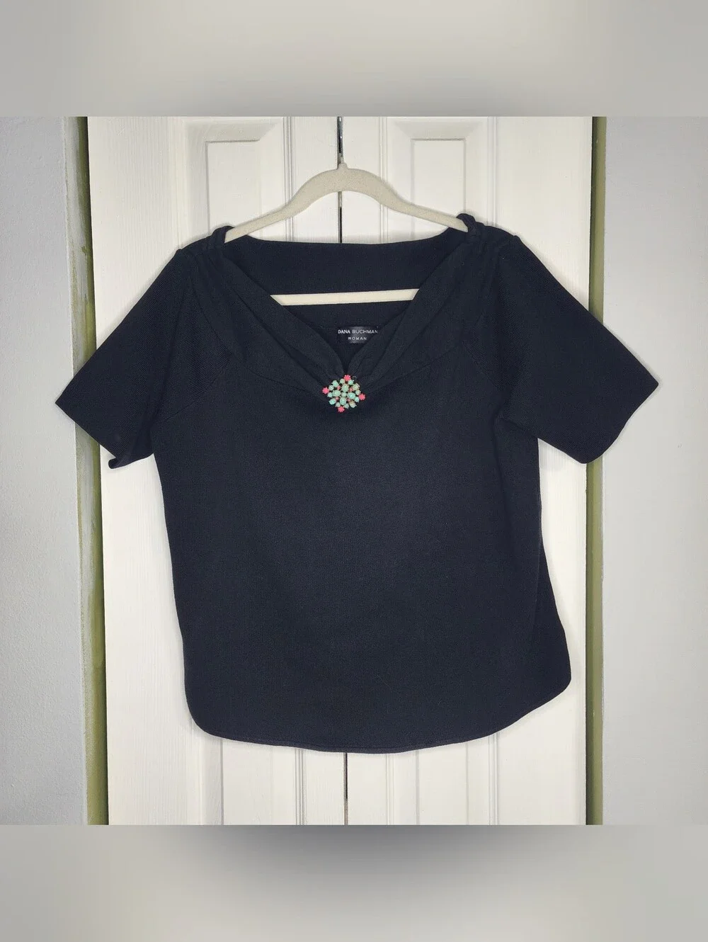 Dana Buchman Black Short-Sleeve Top with Mint & Pink Decorative Brooch